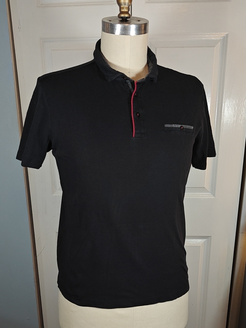 Visconti Black Men 100% Cotton Textured Knit Polo Shirt Red Trim Pocket XL